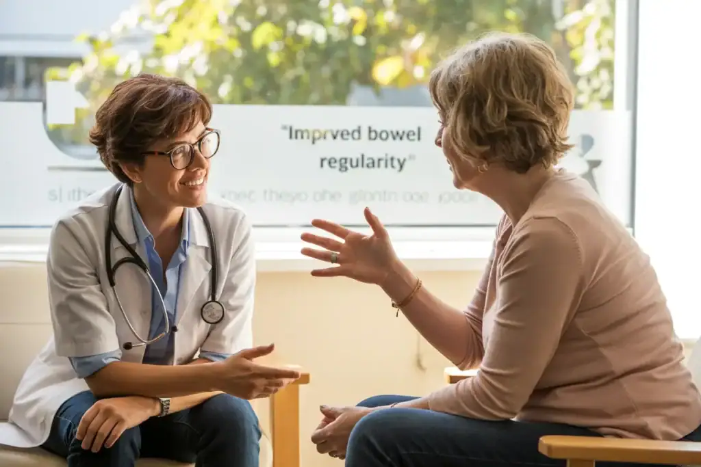 A woman talking to a doctor in a waiting room about if probiotics help you poop