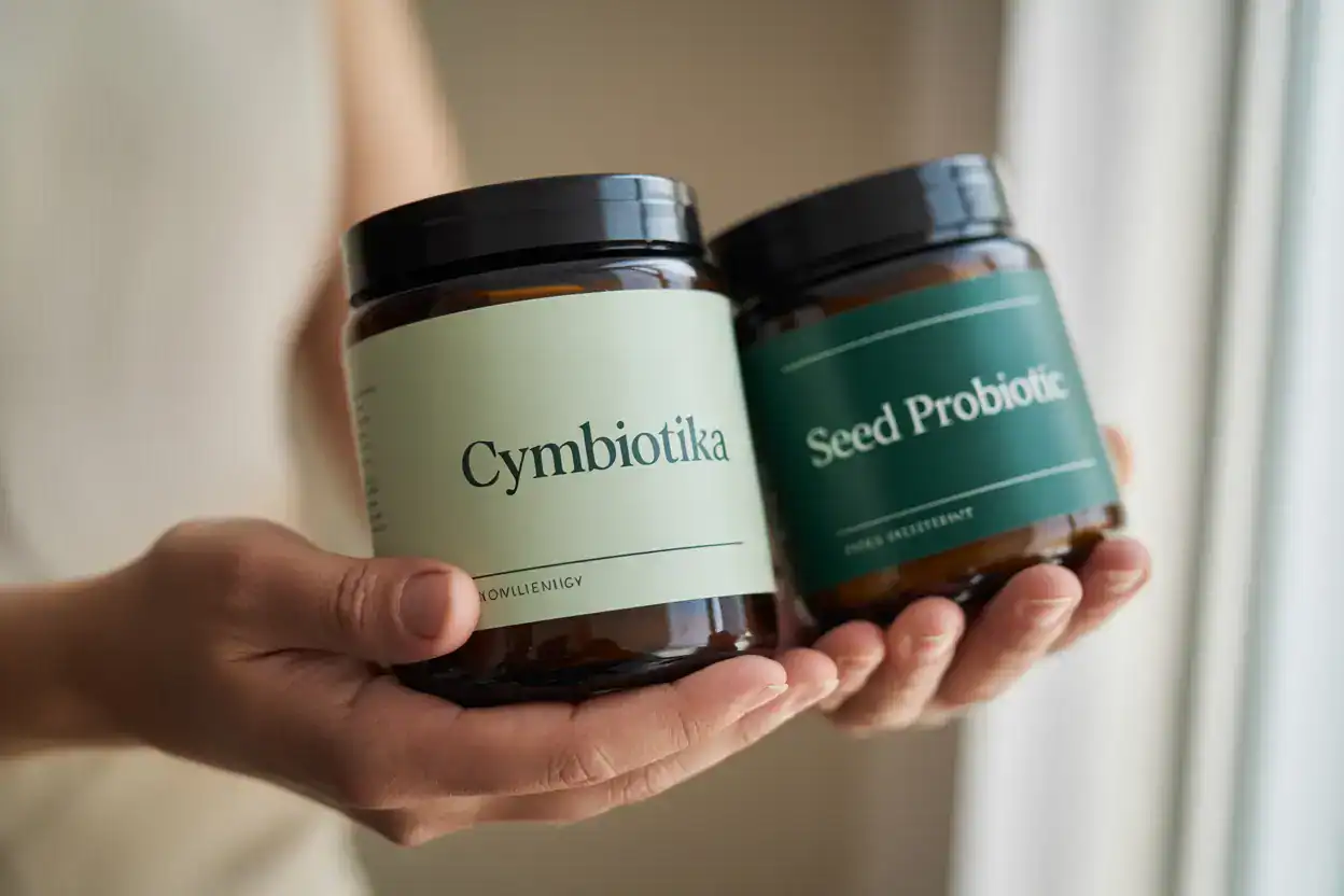 A woman making a choice between Cymbiotika and Seed probiotics.