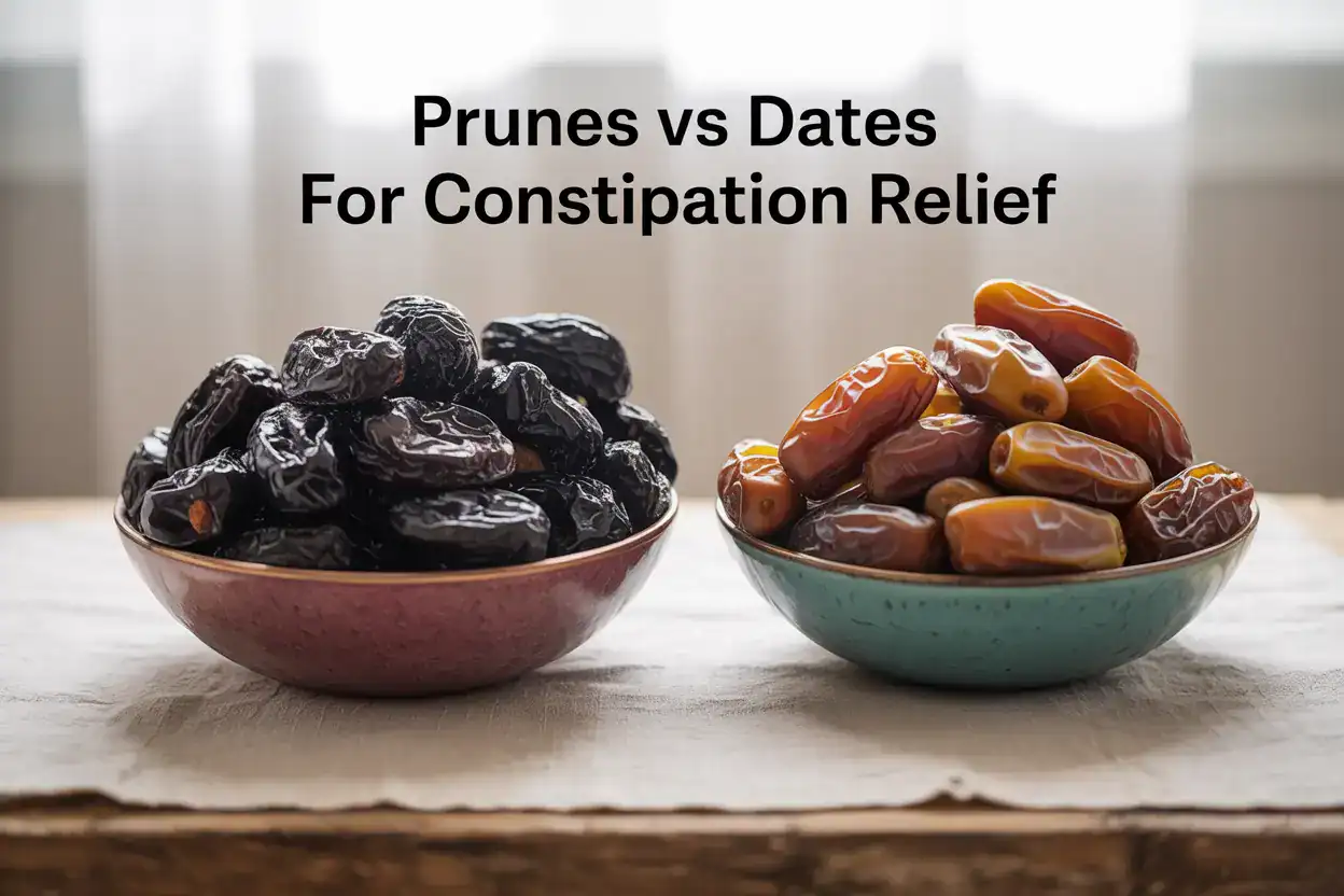 A split image showing a bowl of prunes on one side and a bowl of dates on the other, comparing them for constipation relief.