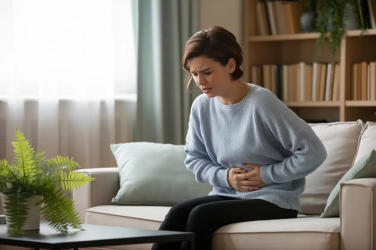 A woman considering taking an IBS symptoms female quiz to understand her stomach pains and bloating.