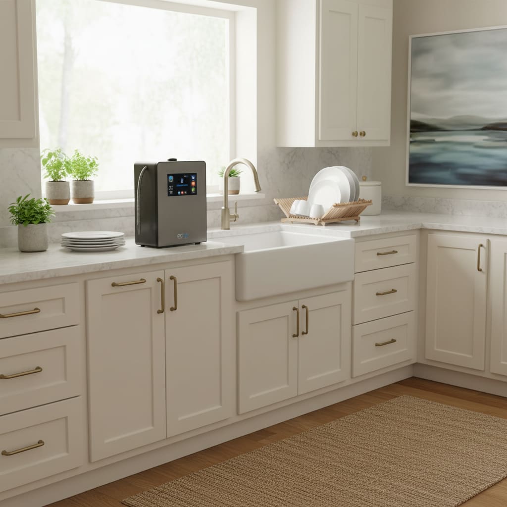 Echo Ultimate 4-in-1 hydrogen water machine system with touchscreen display producing hydrogen, alkaline, acidic, and filtered water