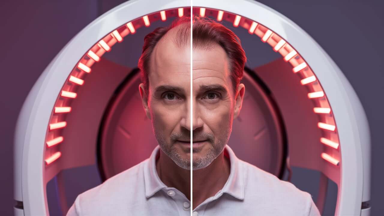 A close-up image of a red light therapy device being used on a person's scalp to help treat hair loss and stimulate hair regrowth