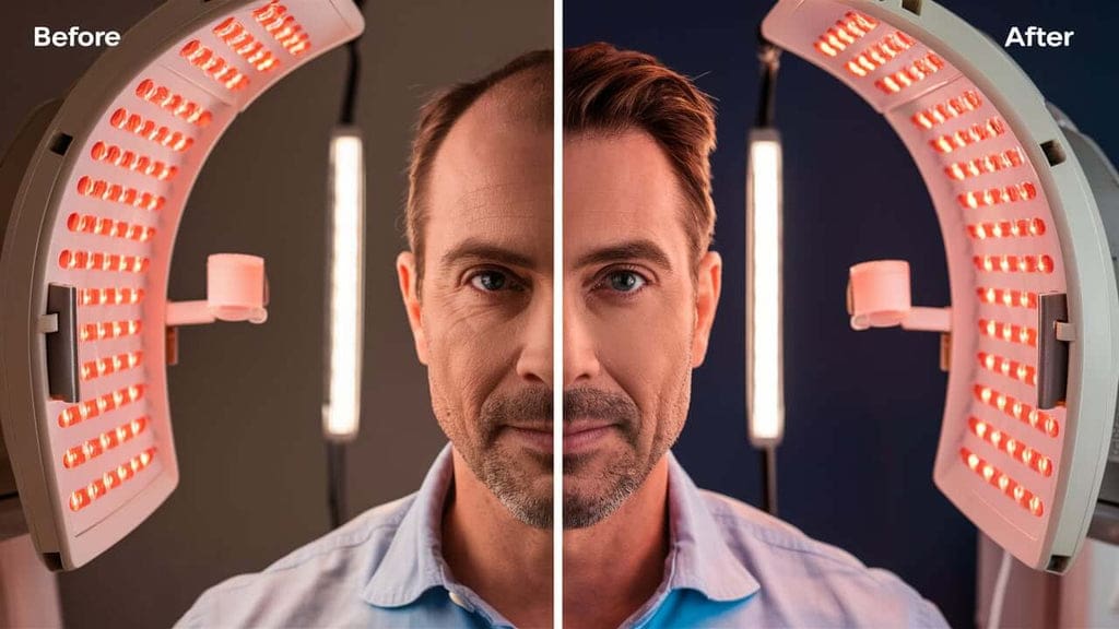 A detailed image of red light therapy equipment in use, showing how it targets the scalp to improve hair density and prevent hair loss