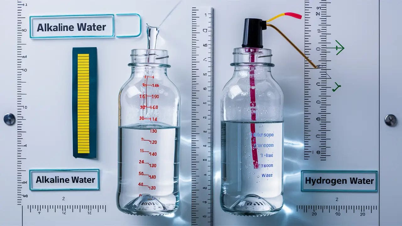 A scientifically-presented image comparing the properties of alkaline water and hydrogen water.