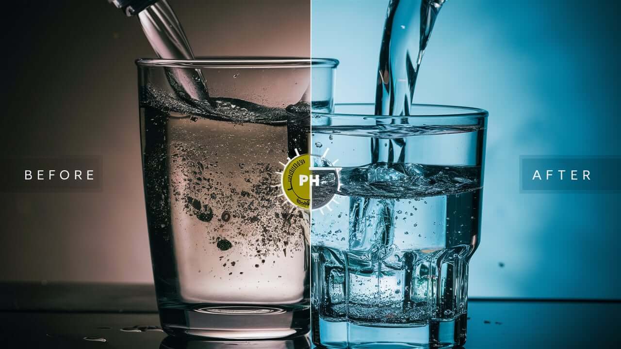 A series of images showing different stages of reverse osmosis filtration with focus on pH adjustment.
