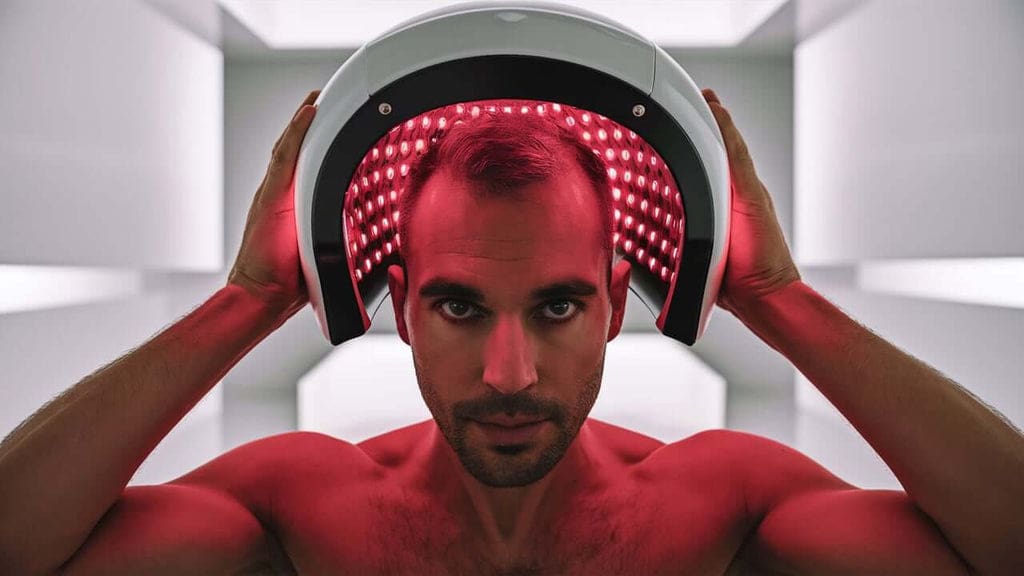 An individual receiving red light therapy treatment focused on their thinning hair areas, illustrating the application of this technology in hair health.