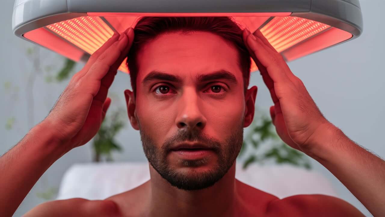 An informative depiction of a clinical setting where a patient is undergoing red light therapy to combat hair loss and encourage hair regrowth