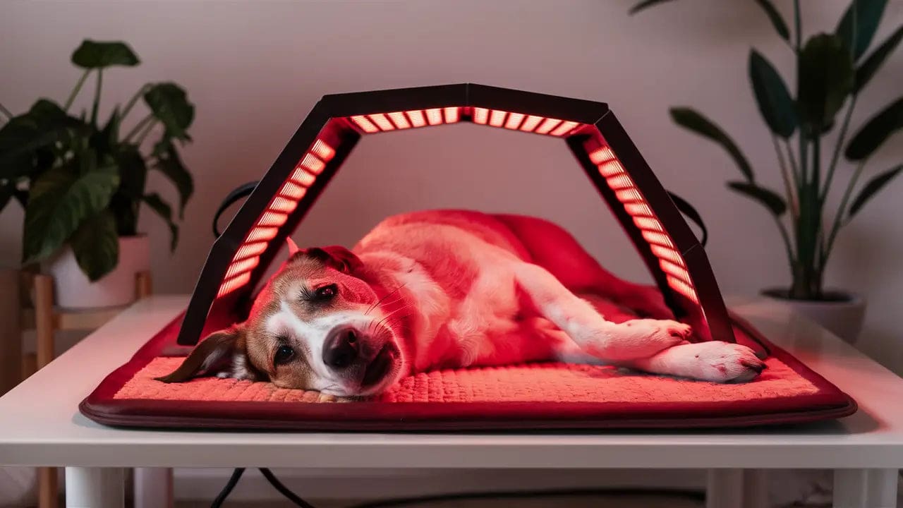 Close-up of a red light therapy device being used on a dog's leg.