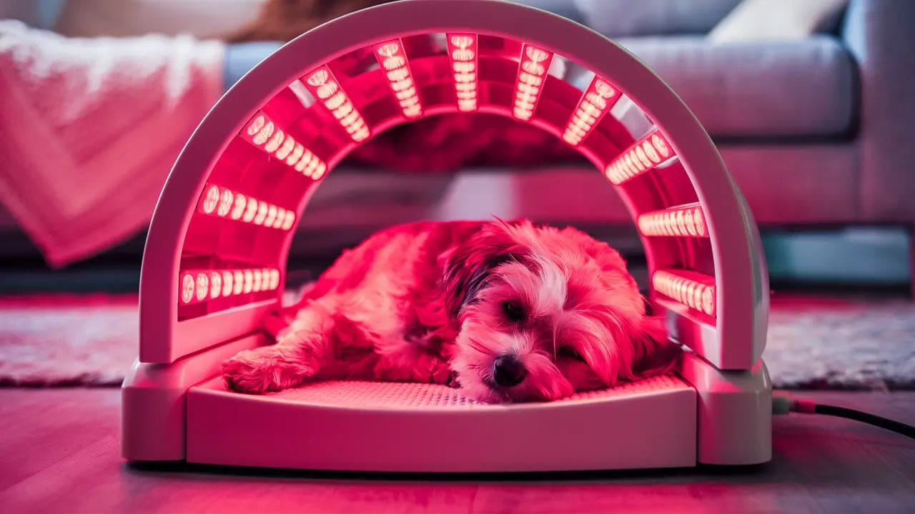 Dog receiving red light therapy treatment to improve health and wellness.