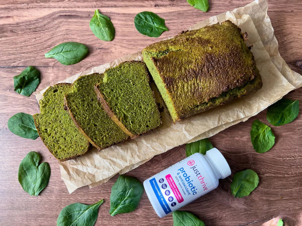 a loaf of bread and a bottle of probiotics