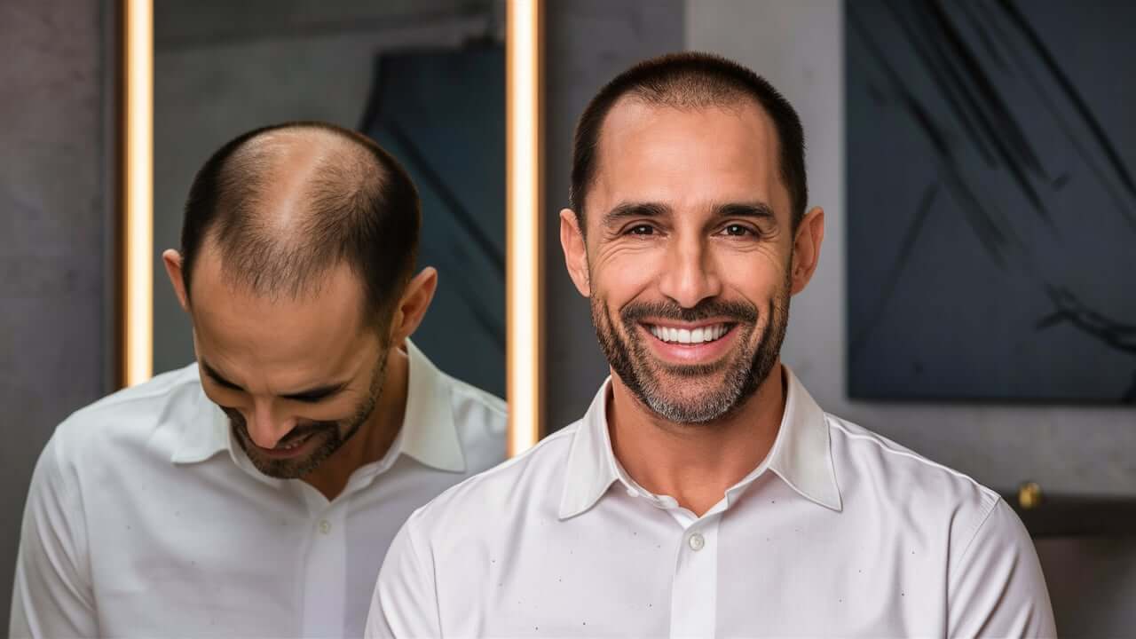 Person sitting under a red light therapy hood in a salon, using the treatment to stimulate hair growth and restore hair thickness.