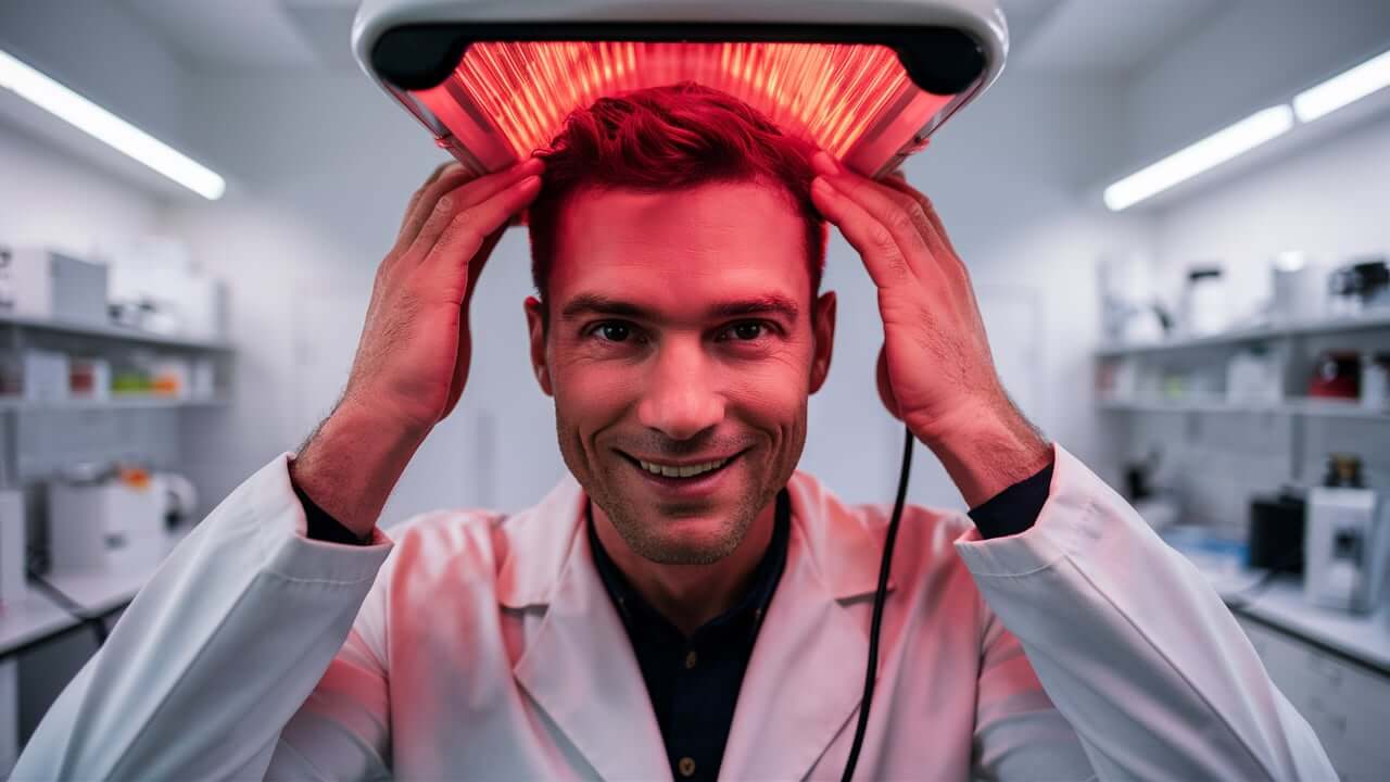 Photo of a red light therapy session targeting hair follicles on a person's head, aimed at promoting hair growth and reducing hair thinning