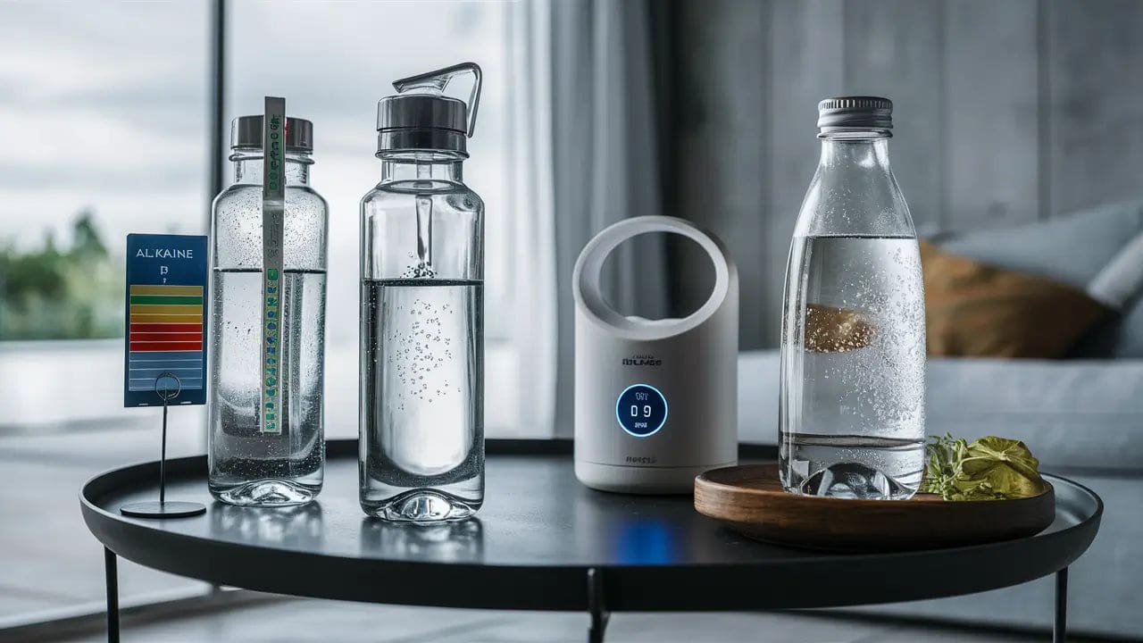 The alkaline water is shown ina clear glass bottle with a pH indicator strip displayed beside it. The hydrogen water is in a stylish bottle with a built-in hydrogen generator