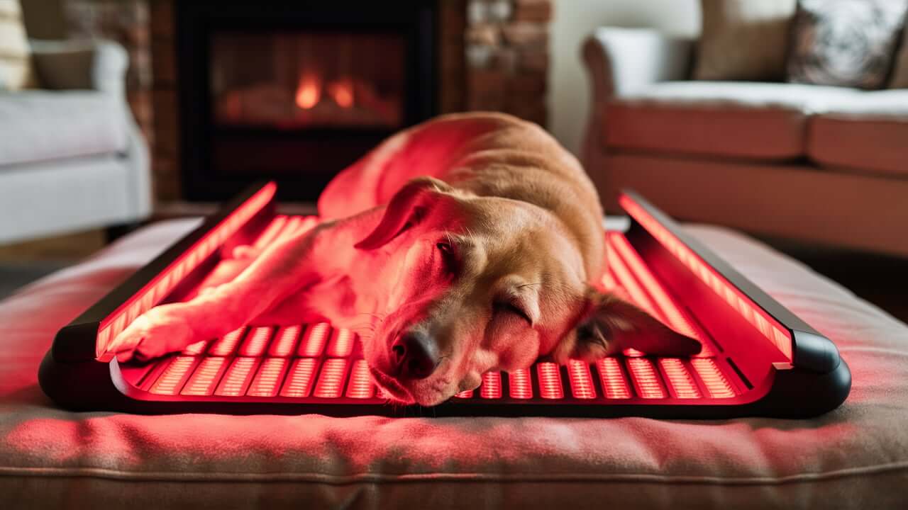 Veterinarian demonstrating the use of red light therapy on a dog.