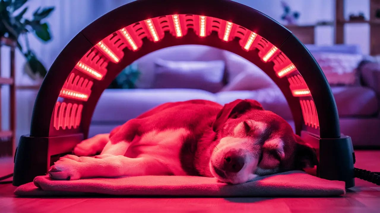 Veterinarian performing red light laser therapy on a dog
