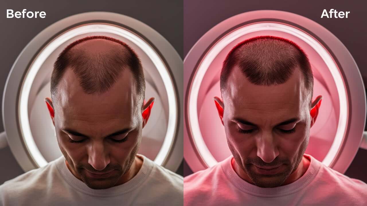 Visual demonstration of red light therapy as a treatment for alopecia, with the red light panel positioned directly over the scalp.