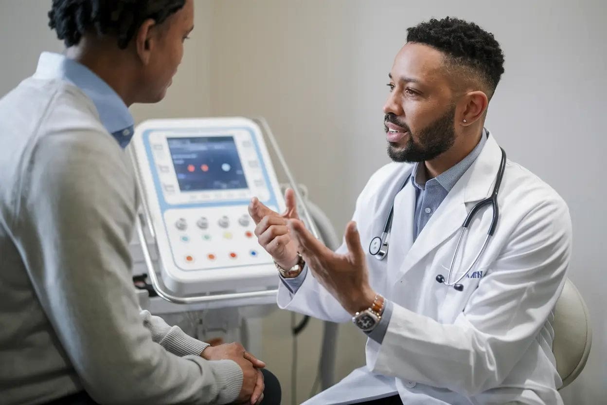 A serene setting with a person receiving PEMF therapy, surrounded by calming colors and gentle light, showing potential side effects