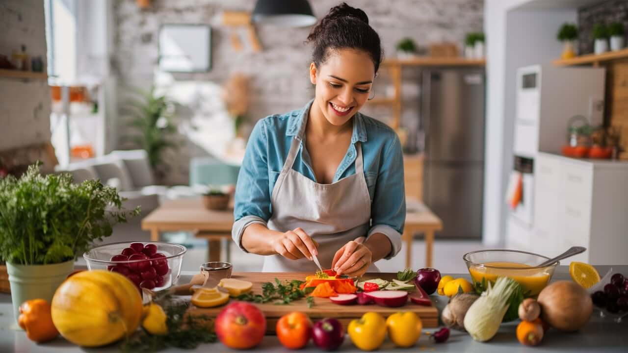 a woman cutting vegetables in a kitchen