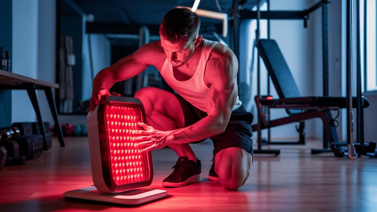 a man newly learns how to use his red light device in his home gym
