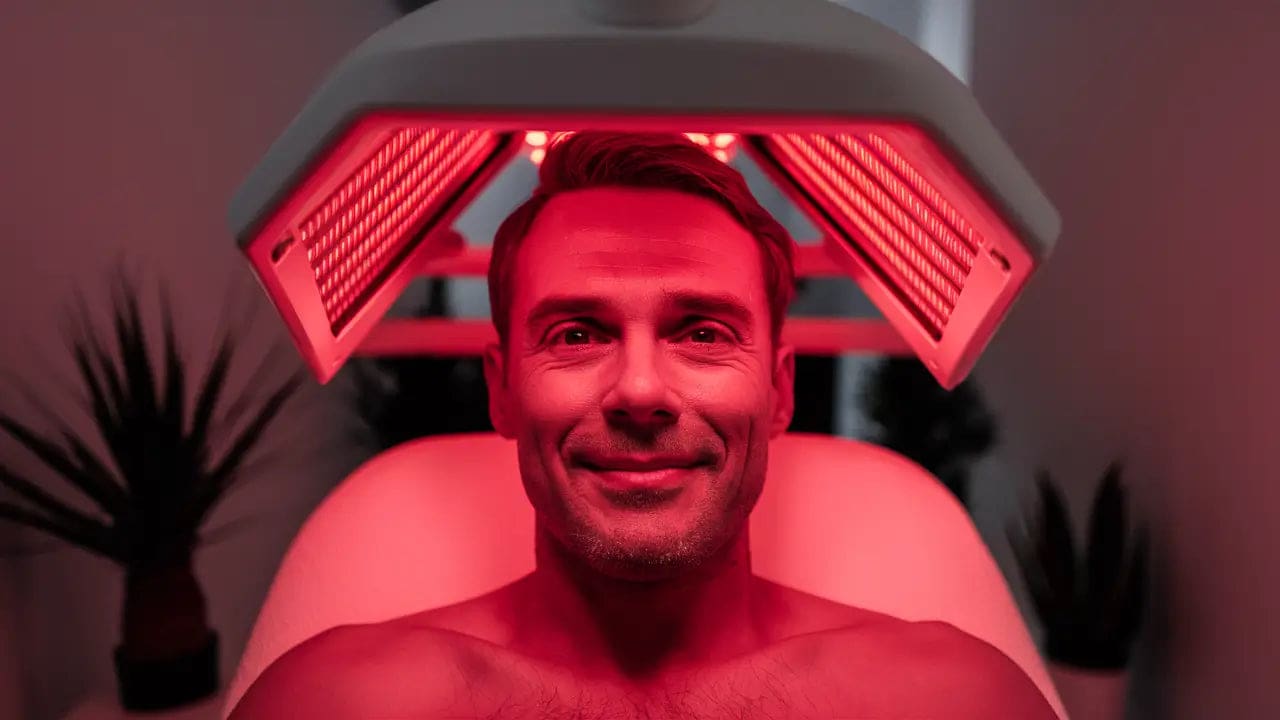 a man using red light therapy for thicker hair