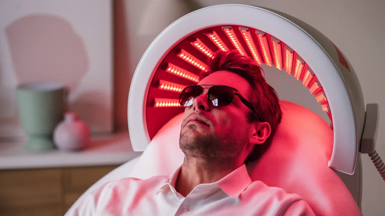 a man wondering if is red light therapy good for rosacea