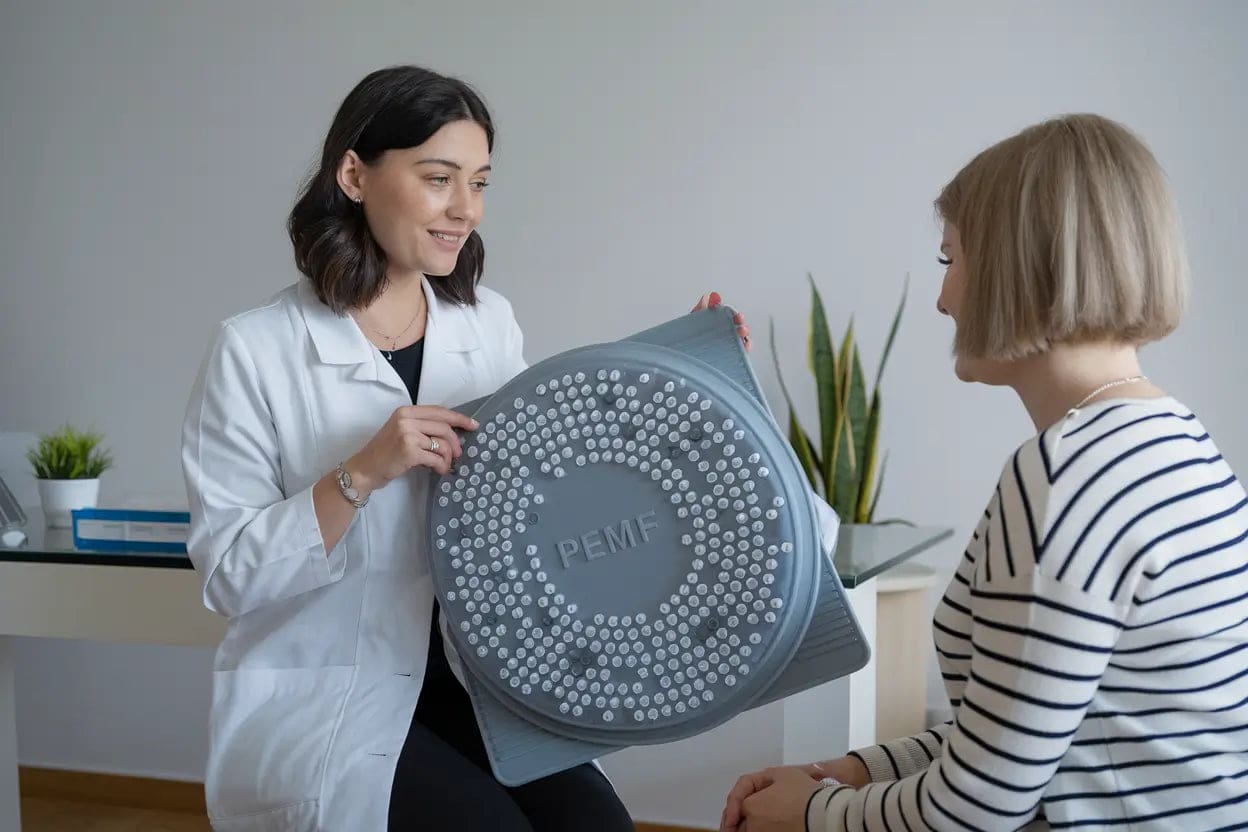 A person lying on a PEMF therapy mat with a soothing blue light emitting from the device, surrounded by a peaceful and relaxed atmosphere