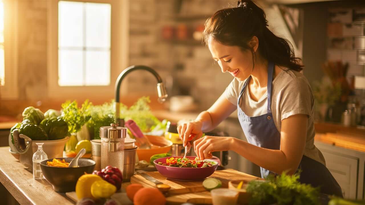 a woman in a kitchen mixing food