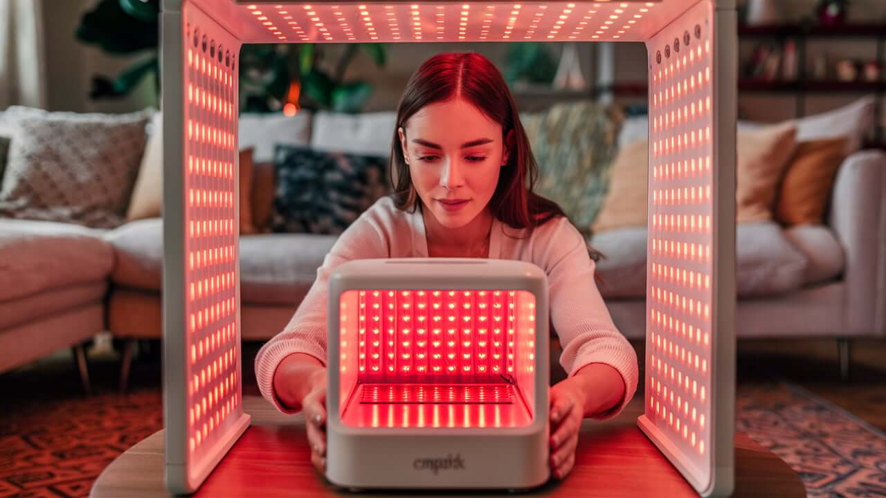 a woman learning how to use red light therapy in her home