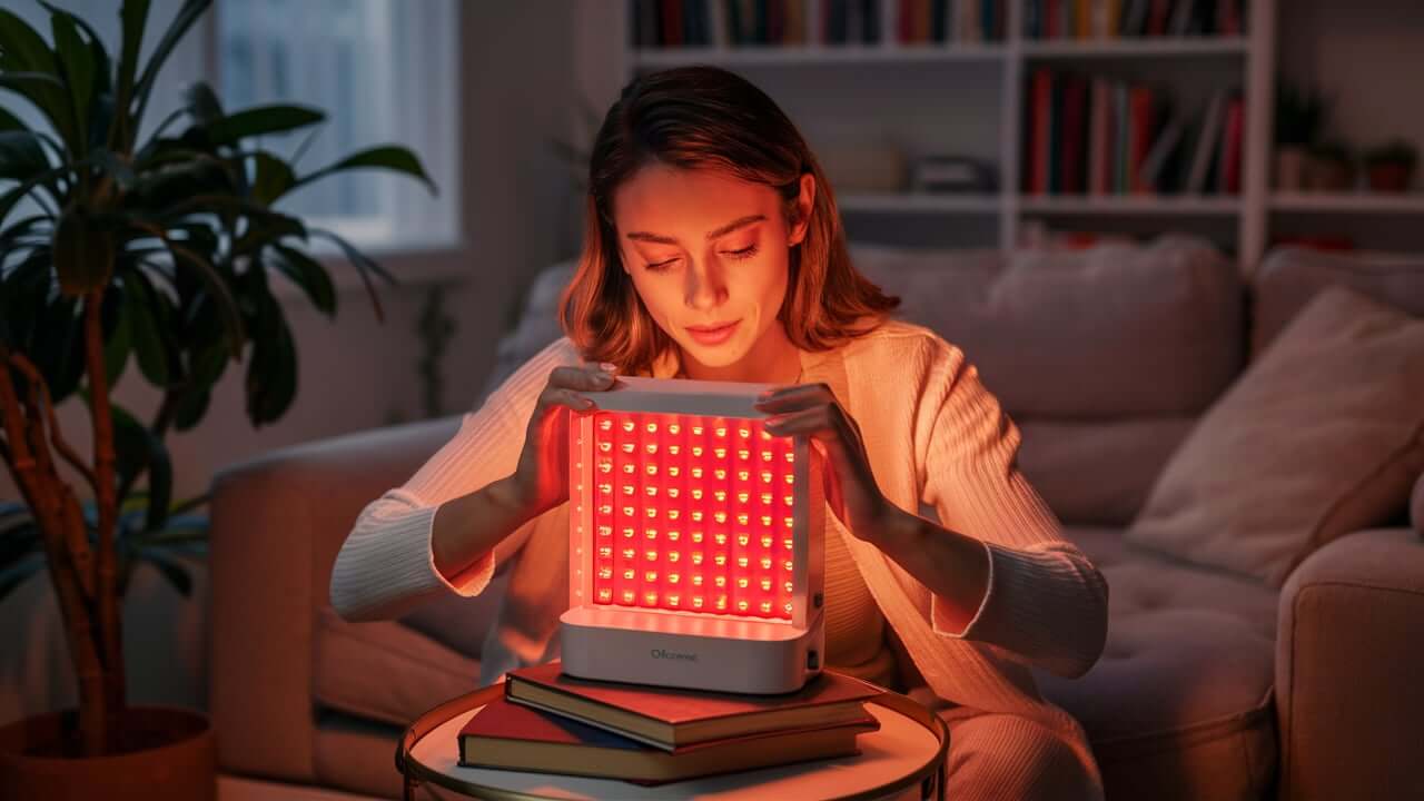 a woman learns sets up her new red light therapy device in her living room