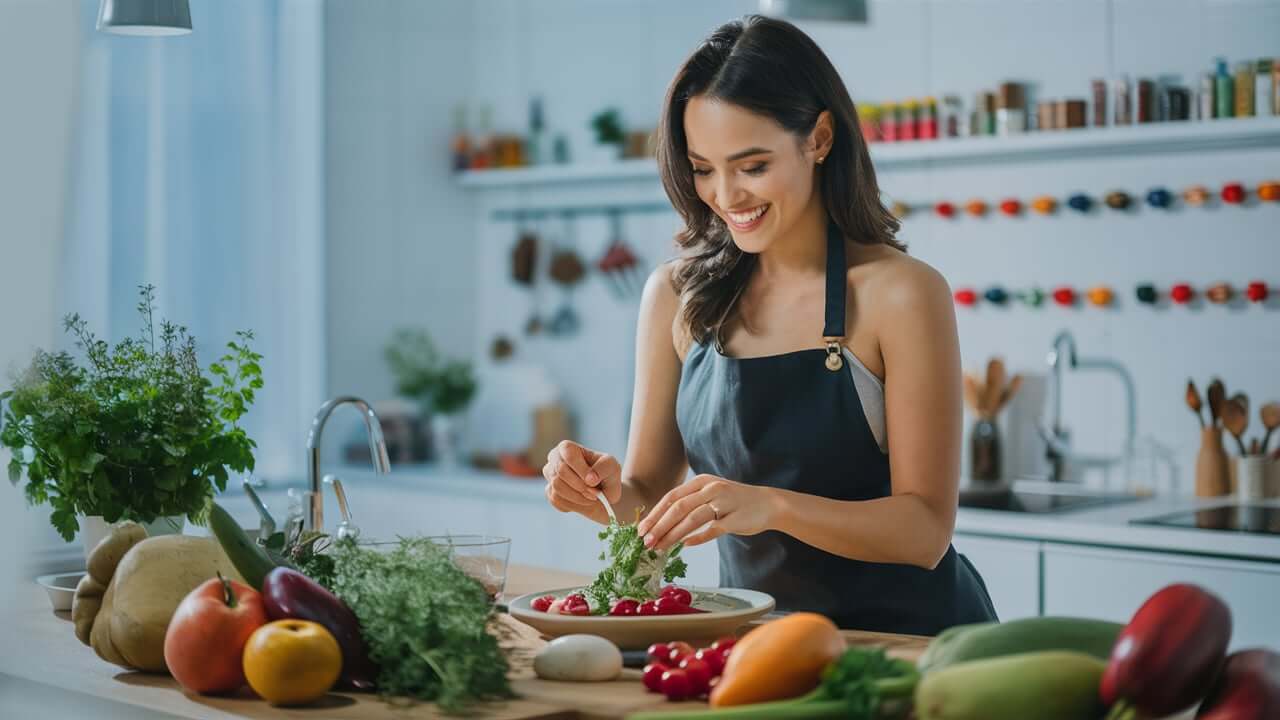 a woman in a kitchen preparing food