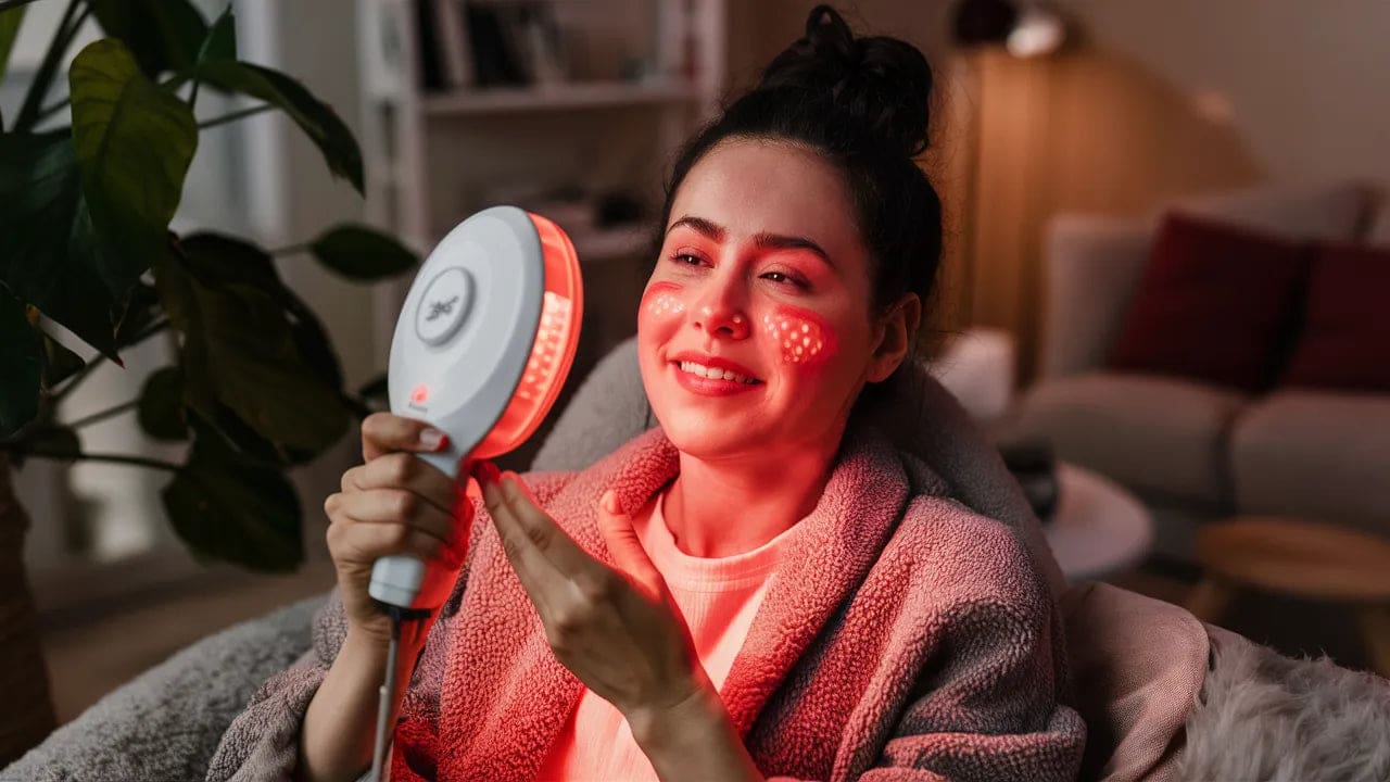 a woman using red light therapy for rosacea