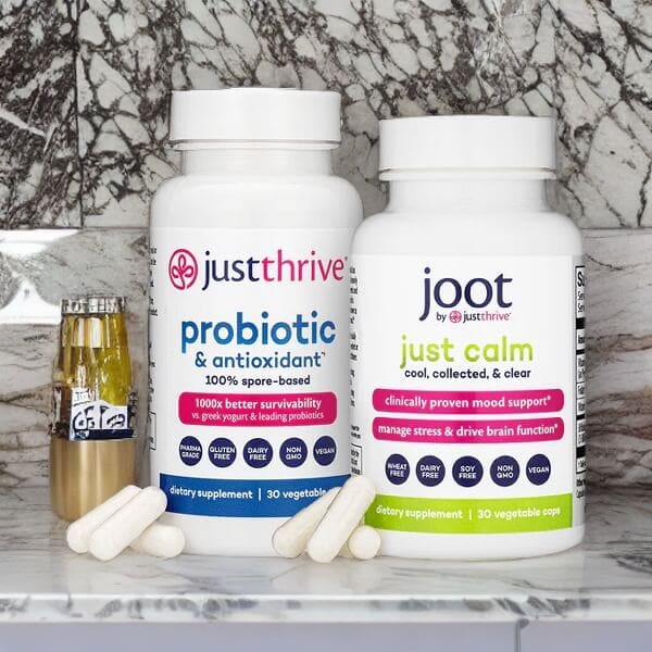 Just Thrive Dynamic Duo, combining a probiotic with a psychobiotic for men's mood support.