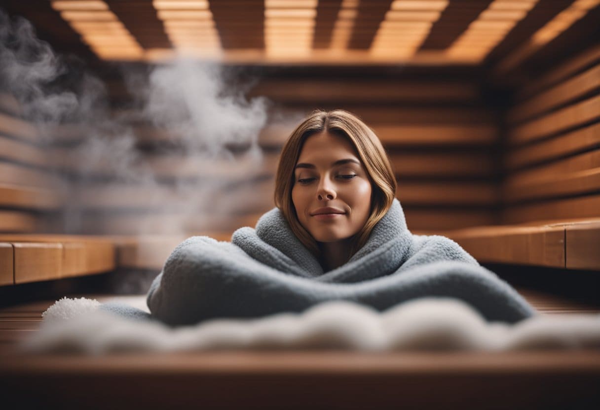 A person lying comfortably in a sauna blanket, surrounded by steam and warmth, with a relaxed expression on their face