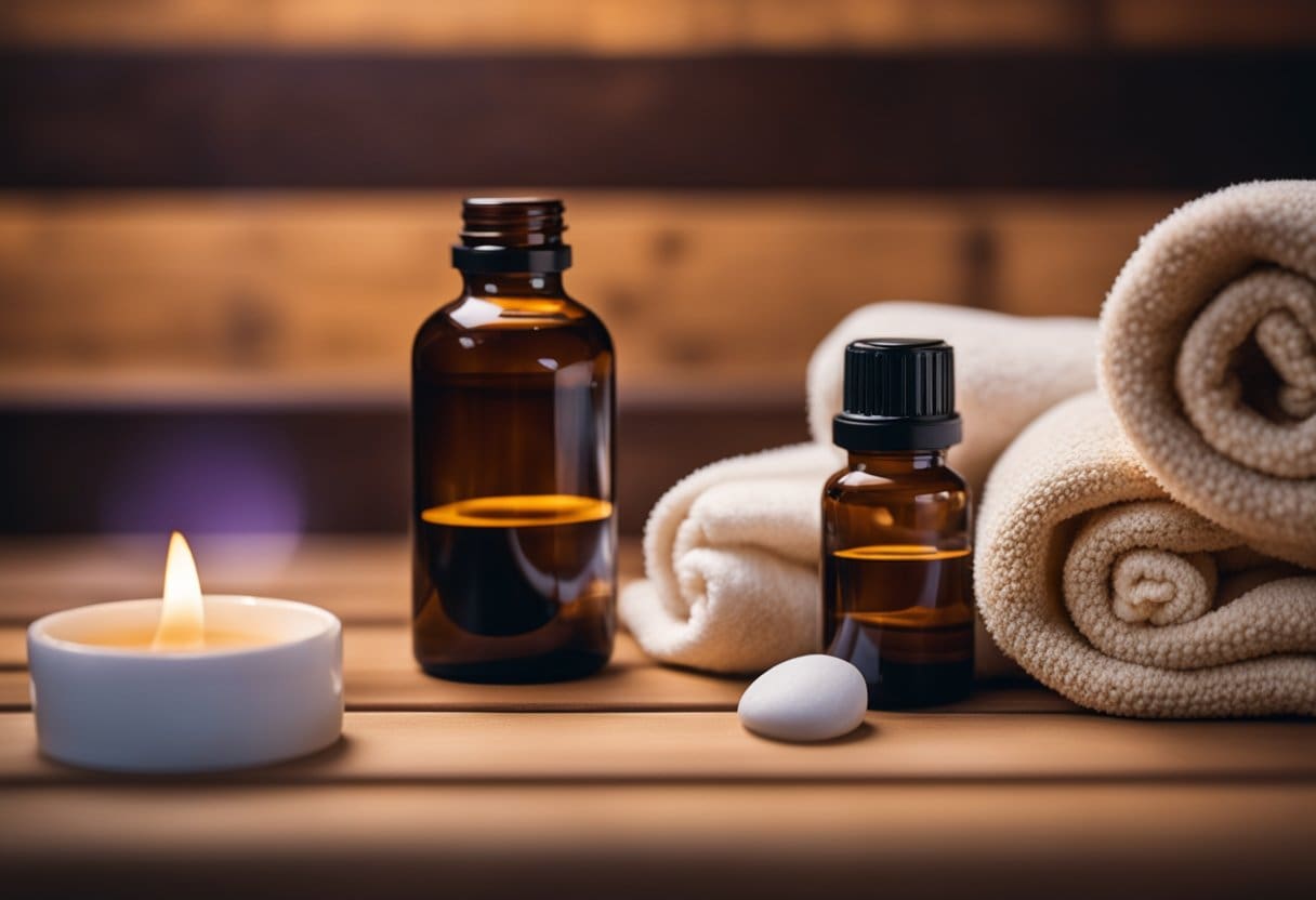 A sauna blanket emitting gentle heat, surrounded by calming essential oils and soft towels