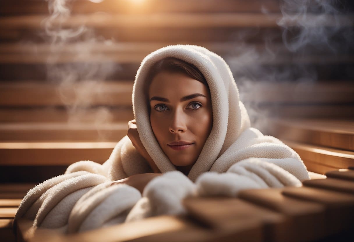 A person lying in a sauna blanket, surrounded by steam, with a relaxed expression on their face