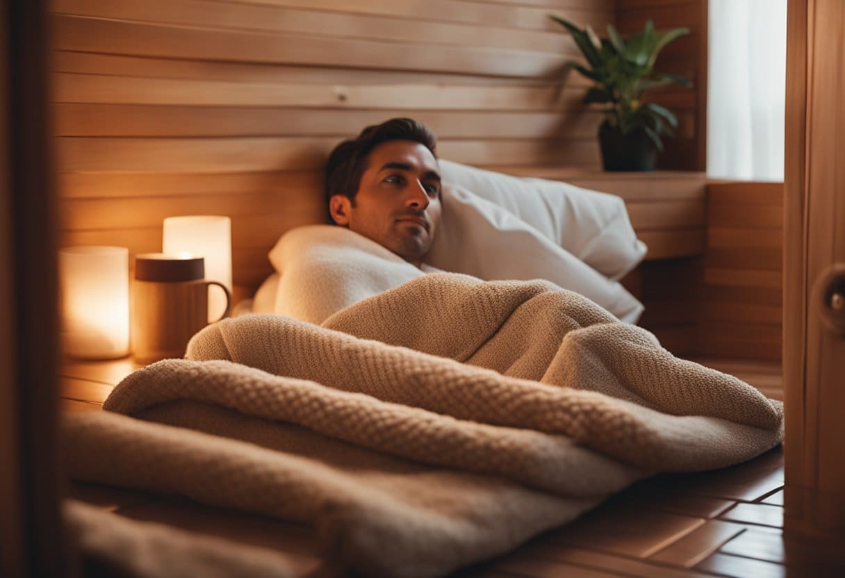 A person lying comfortably in a sauna blanket, surrounded by soothing heat and relaxing ambiance