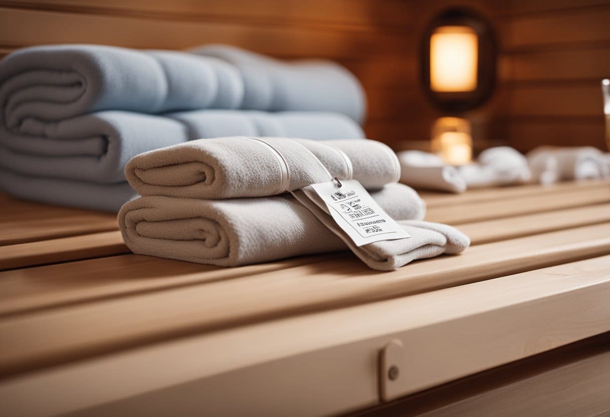 A sauna blanket with safety labels and precautionary symbols displayed in a clean and inviting spa environment