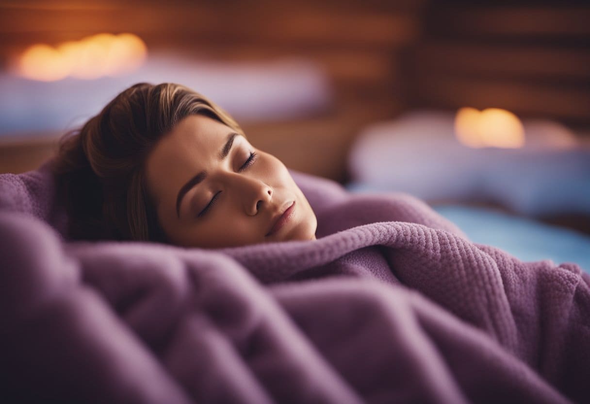 A person lying in a sauna blanket with relaxed expression, surrounded by calming colors and steam rising from the blanket