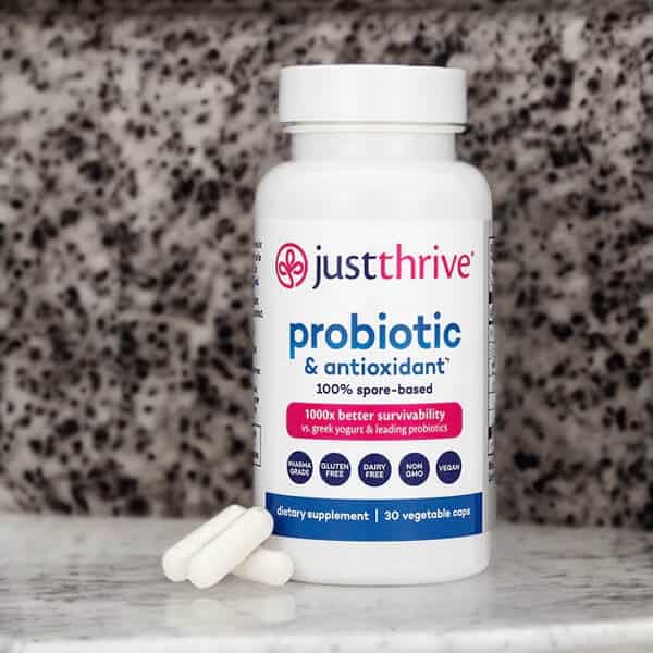 The Just Thrive Probiotic bottle and packaging.