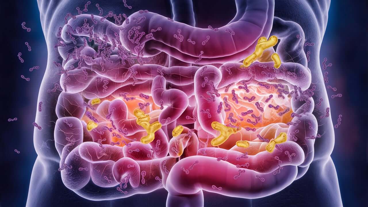 An illustration showing an imbalance of gut bacteria leading to dysbiosis and stomach bloating.