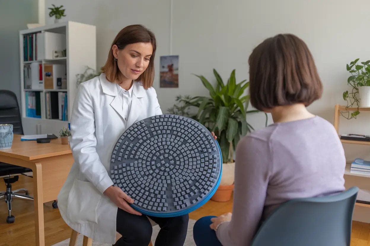 A person lying on a bed with a PEMF therapy device placed near them, surrounded by a calm and peaceful environment with soft lighting and soothing colors