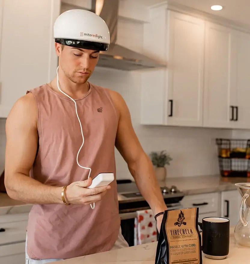 using the mito red light professional laser helmet to regrow hair
