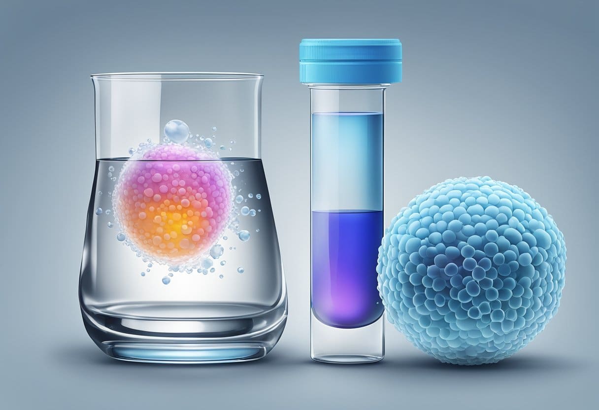 A glass of hydrogen water sits next to a cancer cell, illustrating the basics of cancer and the potential benefits of hydrogen water