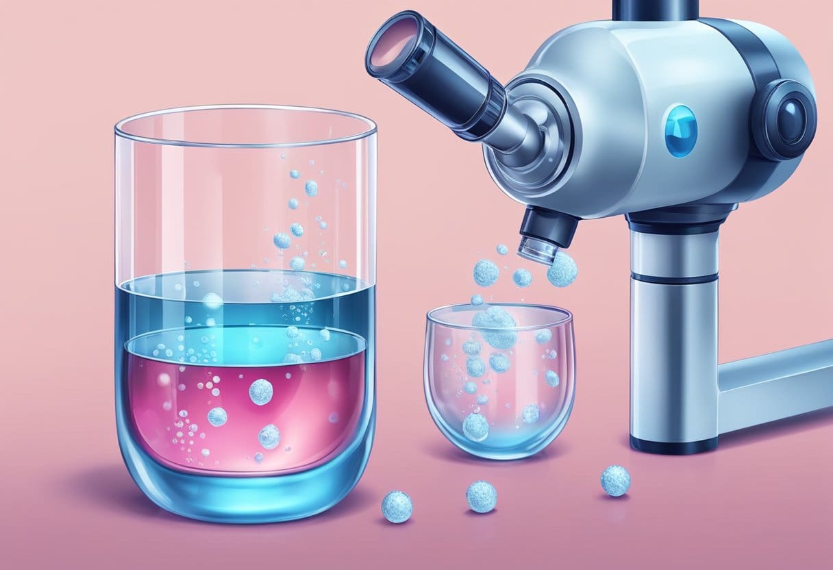 A glass of hydrogen water next to a cancer cell under a microscope