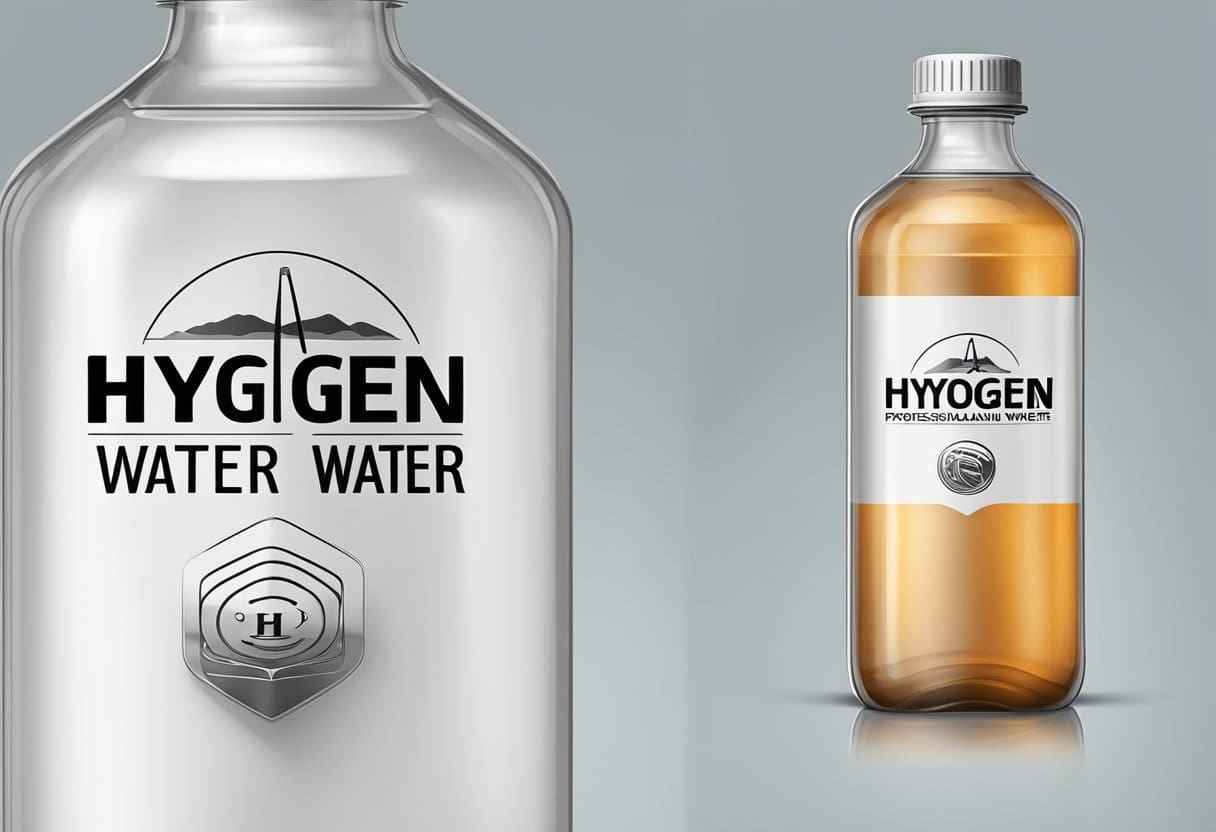 A clear bottle labeled "Hydrogen Water" with a cancer warning symbol