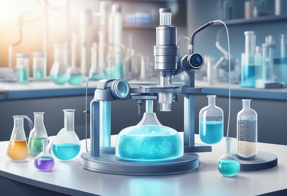 A laboratory setting with futuristic equipment and a clear tube filled with hydrogen water, surrounded by cancer cells under a microscope