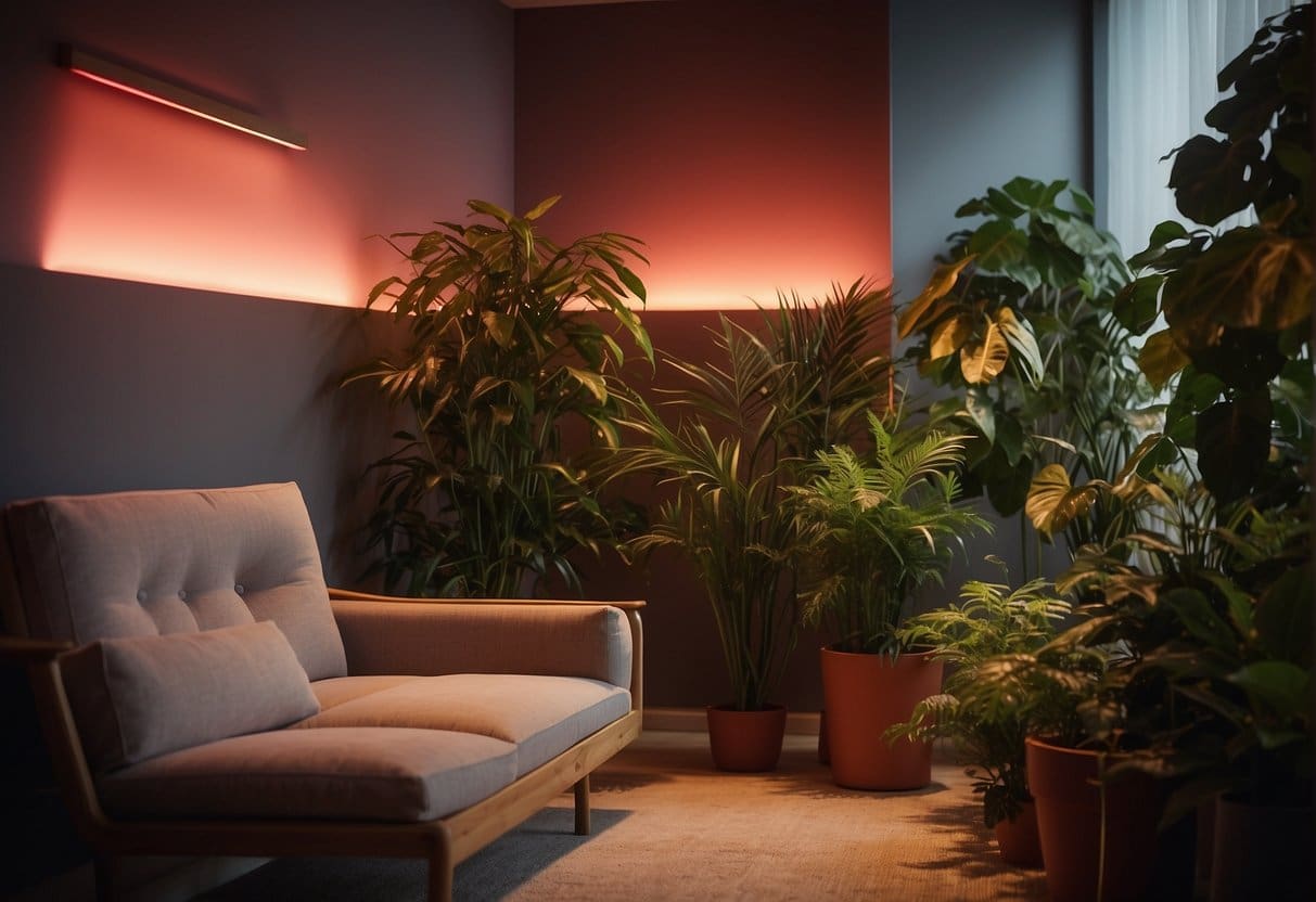 A room with a red light therapy panel emitting a warm glow, surrounded by plants and soft, comfortable seating