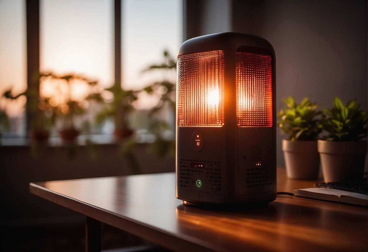 A red light therapy device emitting a warm glow, surrounded by a serene and calming atmosphere