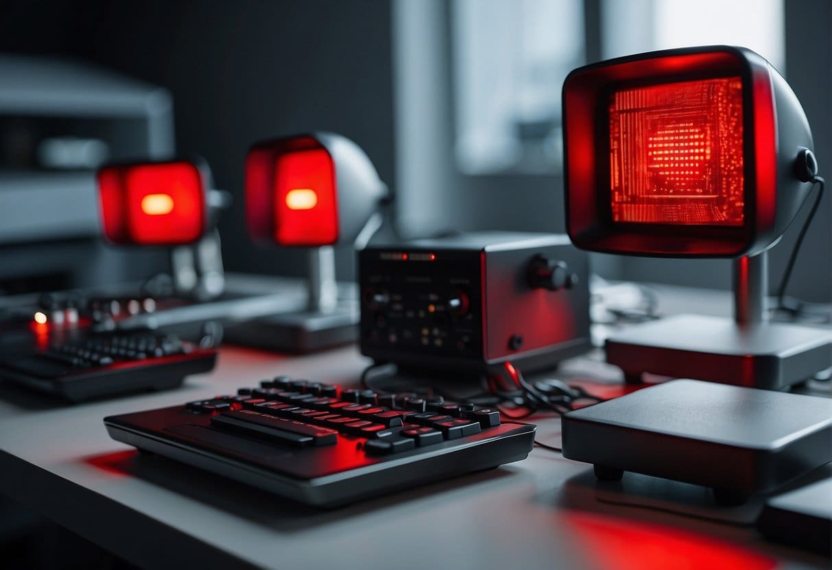Various devices emitting red light at different frequencies, placed in a clinical setting