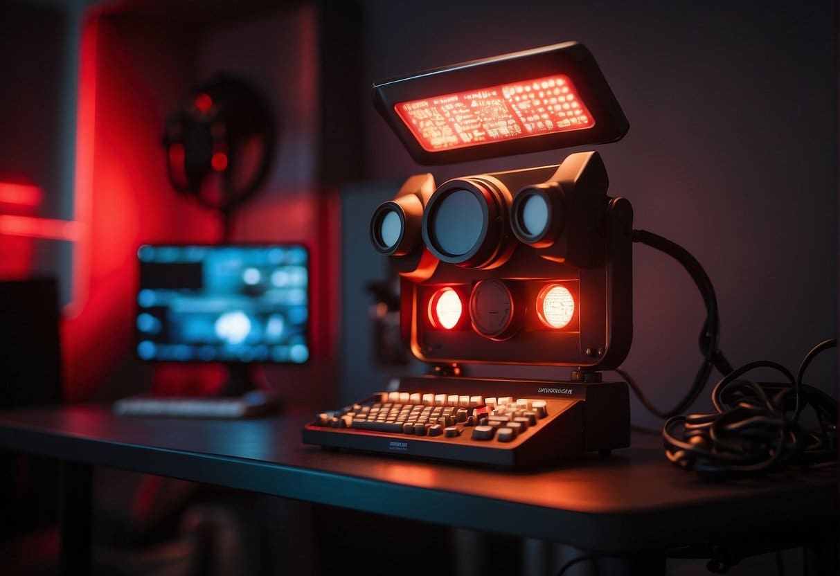 A room with red light therapy equipment, safety goggles, and warning signs